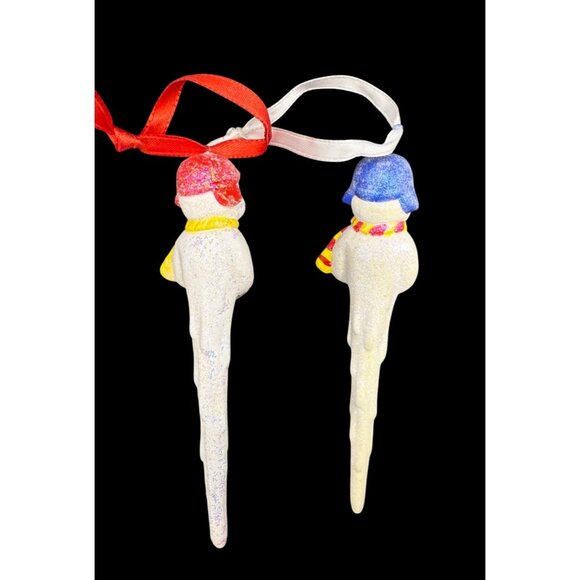 Vintage Set of 2 Snowman Icicle Ornaments With Glitter & Red/Blue Hats 5.5” - Picture 2 of 4
